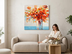 Quadro dipinto per parete FIORI NEL VASO 70x70 cm – quadro dipinto a mano in un interno elegante (Bohemian warm) | wall mockup | premium canvas | Papilora.sk