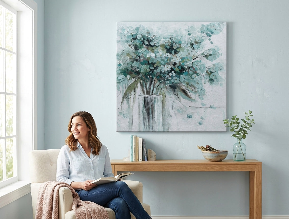 Quadro dipinto per parete FIORI NEL VASO 70x70 cm – quadro dipinto a mano in un interno elegante (Scandi cream) | wall mockup | premium canvas | Papilora.sk