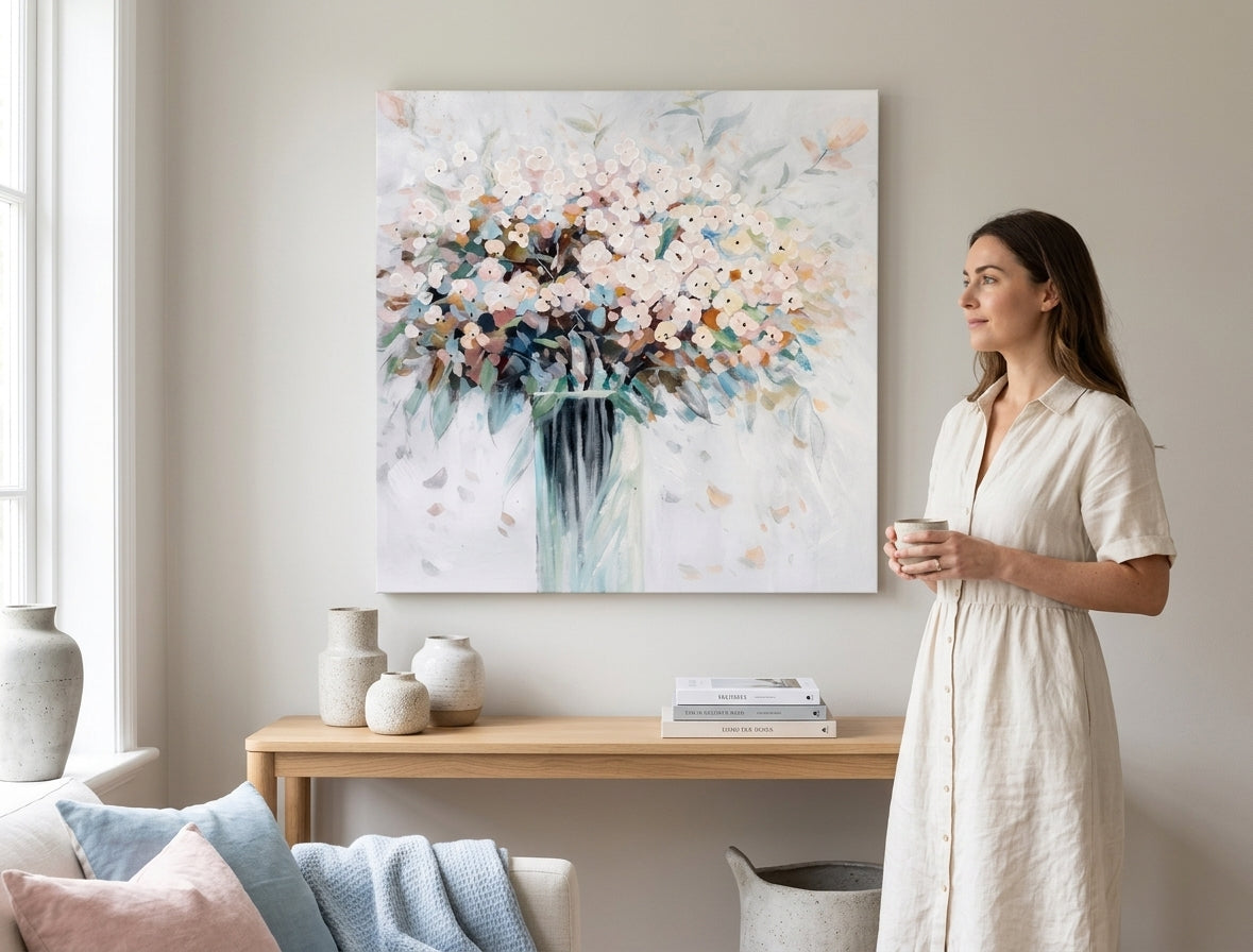 Quadro dipinto per parete FIORI IN UN VASO 70x70 cm – quadro dipinto a mano in un interno elegante (Golden hour luxe) | wall mockup | tela premium | Papilora.sk