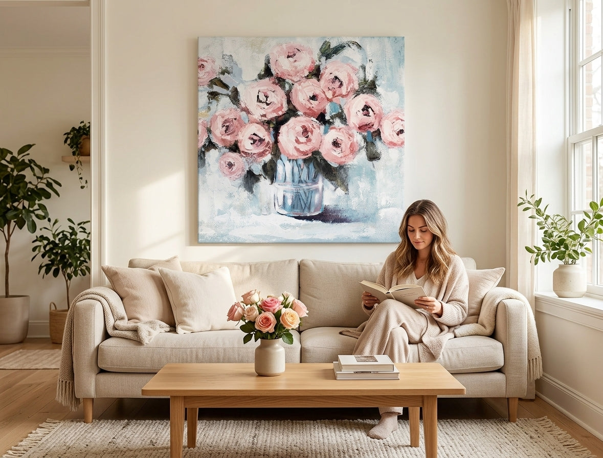 Quadro dipinto per parete FIORI NEL VASO 70x70 cm – quadro dipinto a mano in un interno elegante (Scandi cream) | wall mockup | tela premium | Papilora.sk