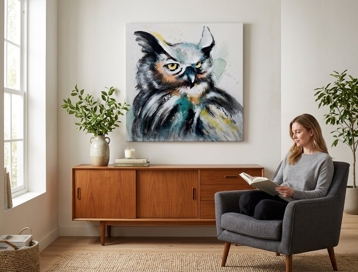 Quadro dipinto per parete GUFO 60x60 cm – quadro dipinto a mano in un interno elegante (Bohemian warm) | wall mockup | premium canvas | Papilora.sk