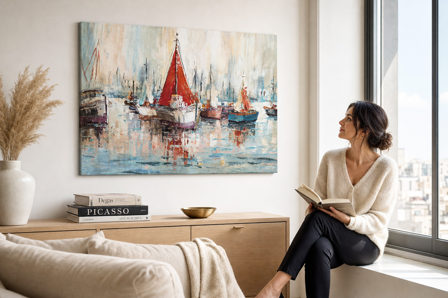 Quadro dipinto per parete NAVI 70x50 cm – quadro dipinto a mano in un interno elegante (Window reading) | wall mockup | tela premium | Papilora.sk