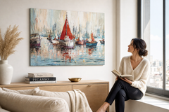 Quadro dipinto per parete NAVI 70x50 cm – quadro dipinto a mano in un interno elegante (Window reading) | wall mockup | tela premium | Papilora.sk