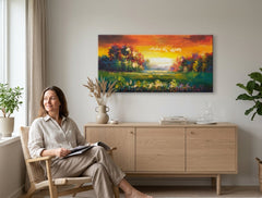 Quadro dipinto per parete PRATO 100x50 cm – quadro dipinto a mano in un interno elegante (Golden hour luxe) | wall mockup | tela premium | Papilora.sk