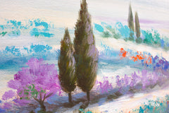 Dettaglio della superficie della tela ARTMIE 340 g/m² con motivo paesaggio con campi di lavanda in colori pastello – texture in rilievo visibile della pittura a mano.