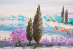 Macro dettaglio del quadro dipinto a mano con motivo paesaggio con campi di lavanda in colori pastello – texture visibile dei tratti acrilici e rilievo, Papilora.