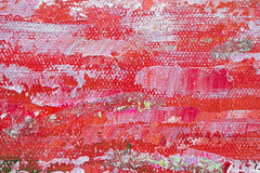 Macro dettaglio del quadro dipinto a mano con motivo campo fiorito nei toni del rosso e del verde – texture visibile dei tratti acrilici e rilievo, Papilora.