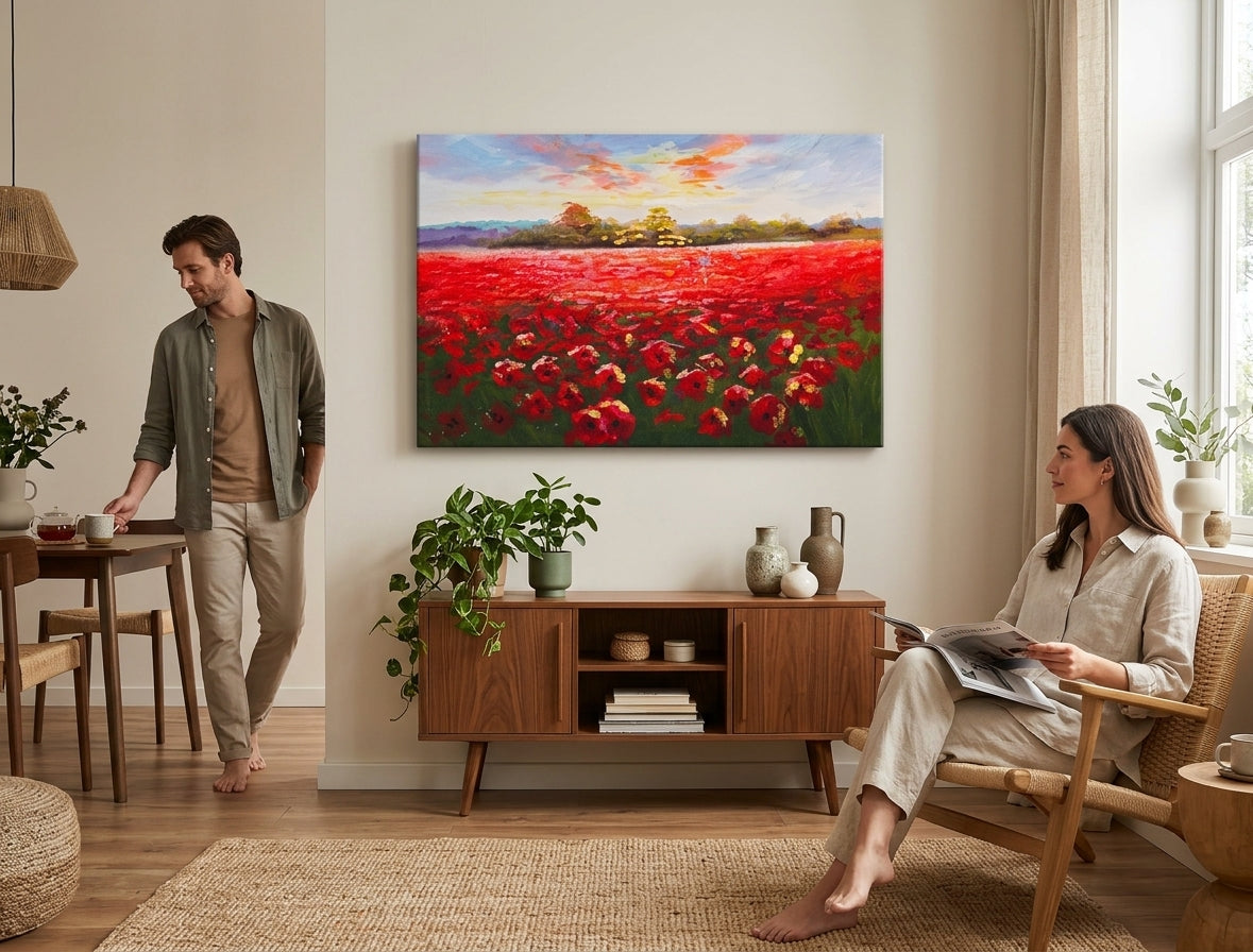 Quadro dipinto a mano con motivo campo fiorito nei toni del rosso e del verde appeso in un moderno e stiloso interno sopra una consolle in legno con vaso e candela.
