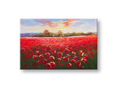 Quadro dipinto a mano su tela con motivo campo fiorito nei toni del rosso e del verde – anteprima dettagliata della pennellata e della composizione.