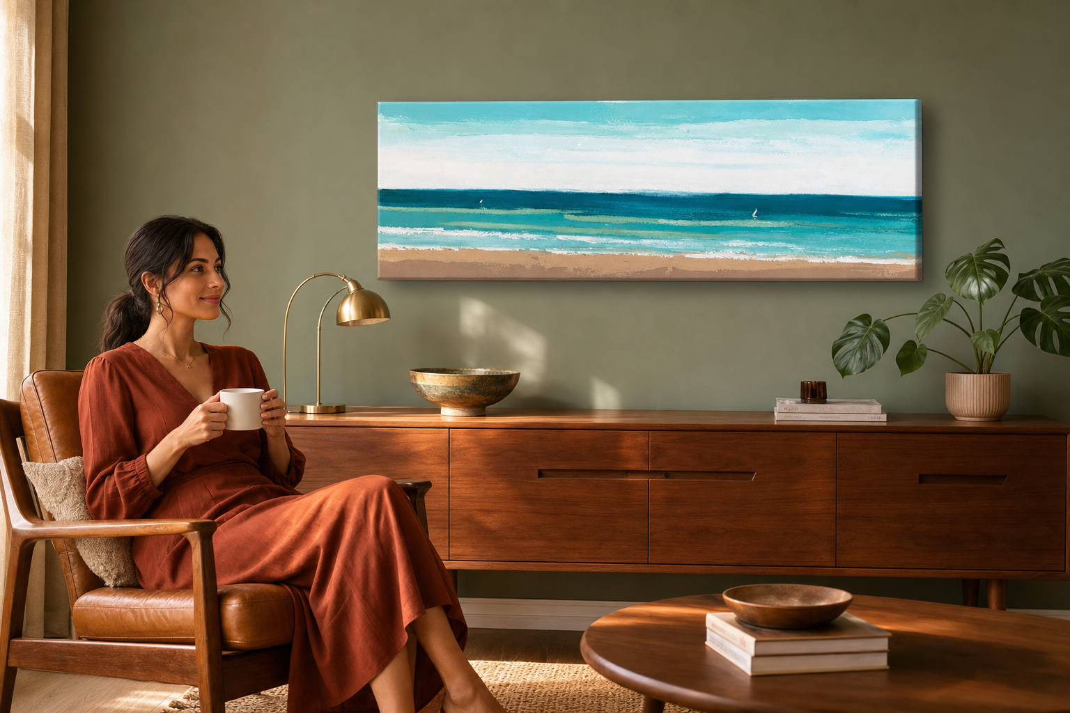 Quadro dipinto per parete MARE 150x50 cm – quadro dipinto a mano in un interno elegante (Mid-century warm) | wall mockup | tela premium | Papilora.sk