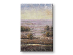 Quadro dipinto a mano su tela con motivo paesaggio tranquillo in delicate tonalità pastello – visualizzazione 3D della tela con telaio in legno visibile, Papilora.