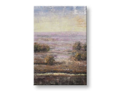 Quadro dipinto a mano su tela con motivo paesaggio tranquillo in delicate tonalità pastello – anteprima dettagliata della pennellata e della composizione.