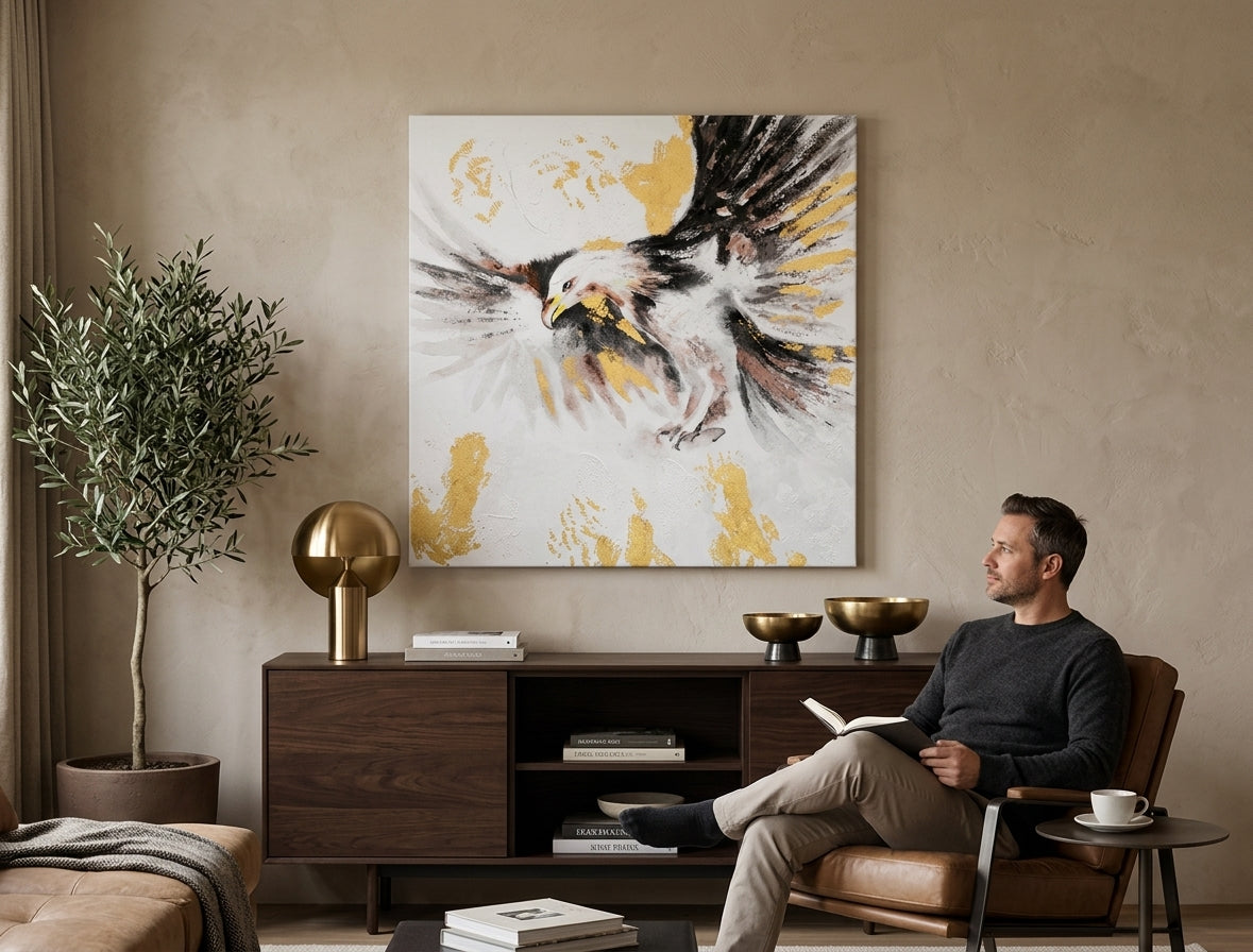 Quadro dipinto per parete AQUILA 60x60 cm – quadro dipinto a mano in un interno elegante (Golden hour luxe) | wall mockup | tela premium | Papilora.sk