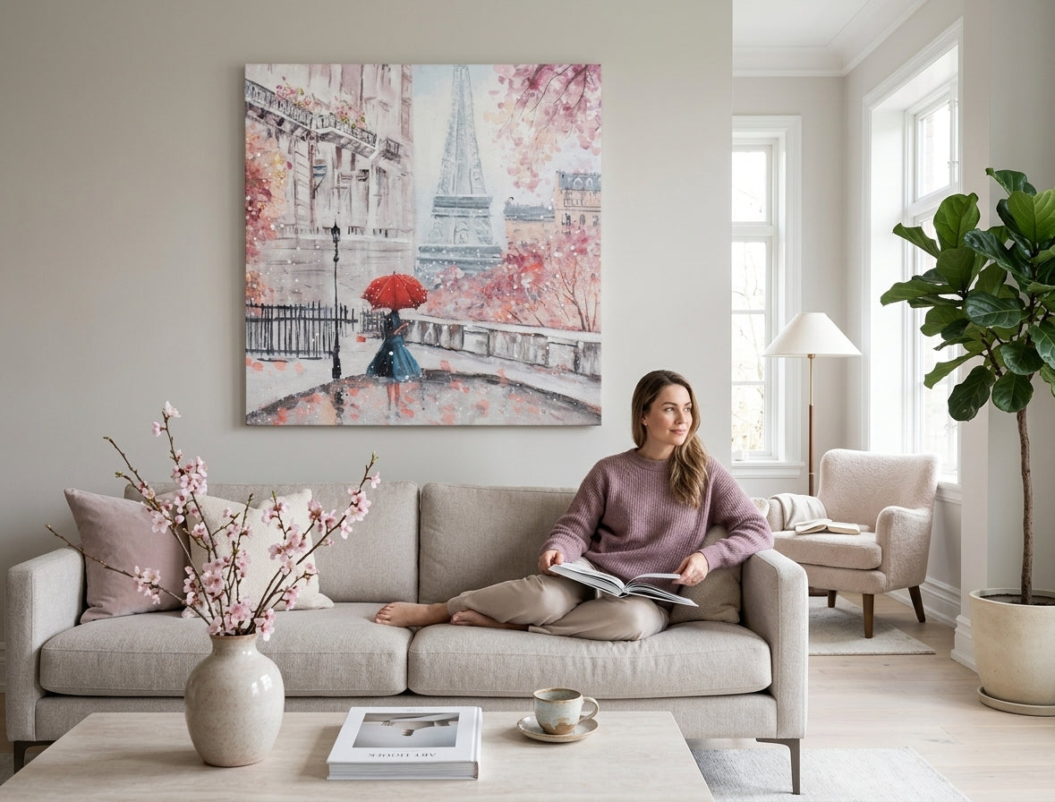 Quadro dipinto per parete PARIGI 70x70 cm – quadro dipinto a mano in un interno elegante (Mid-century warm) | wall mockup | tela premium | Papilora.sk