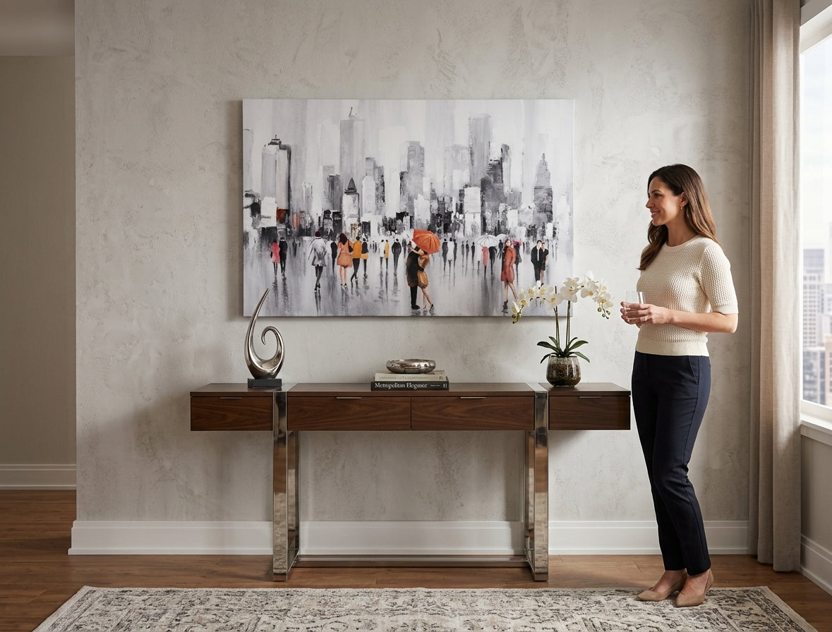 Quadro dipinto per parete PERSONE 120x80 cm – quadro dipinto a mano in un interno elegante (Mid-century warm) | wall mockup | tela premium | Papilora.sk