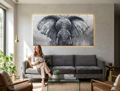 Quadro dipinto per parete ELEFANTE 140x70 cm – quadro dipinto a mano in un interno elegante (Bohemian warm) | wall mockup | tela premium | Papilora.sk