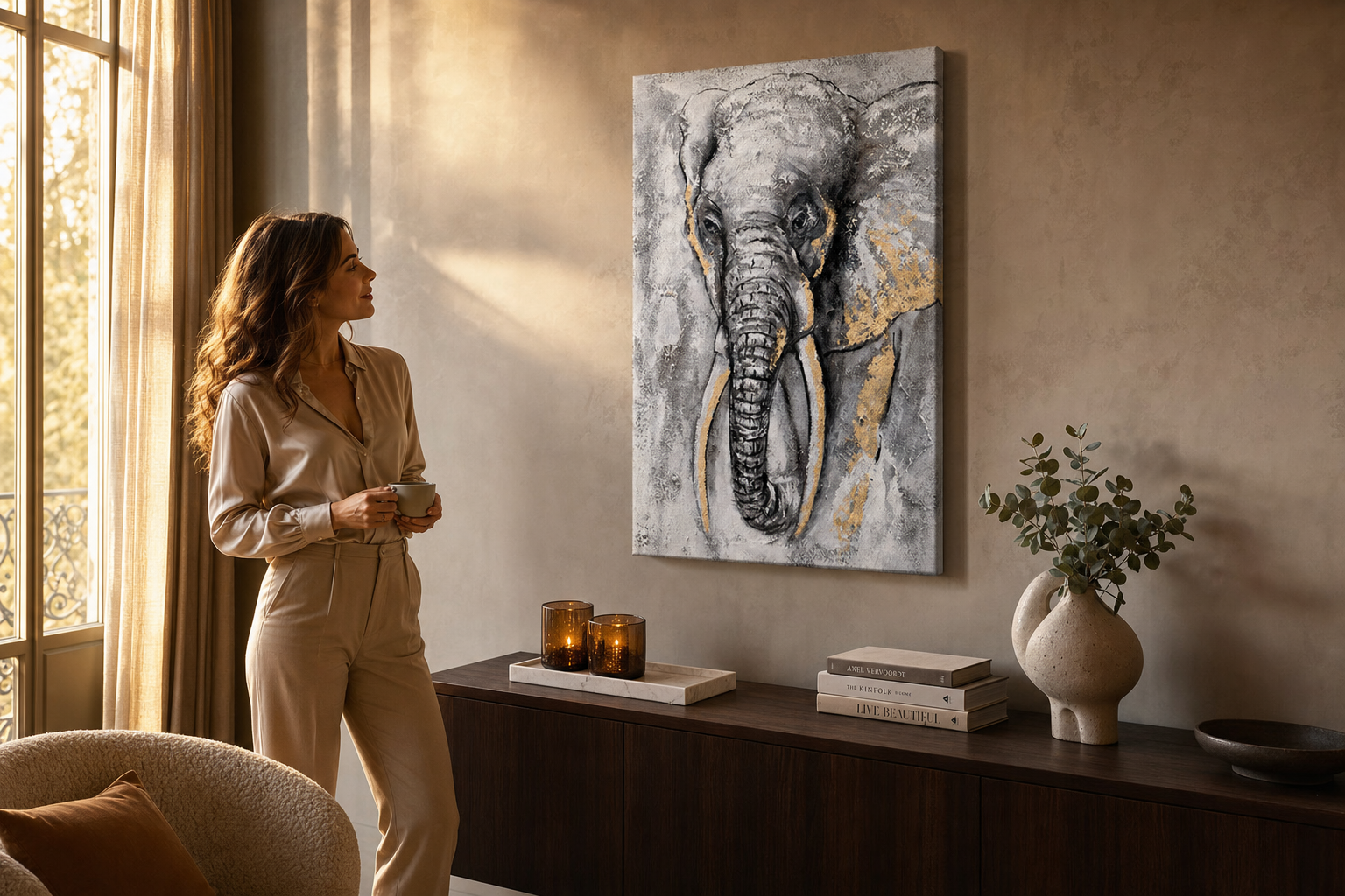 Quadro dipinto per parete ELEFANTE 40x60 cm – quadro dipinto a mano in un interno elegante (Golden hour luxe) | wall mockup | tela premium | Papilora.sk