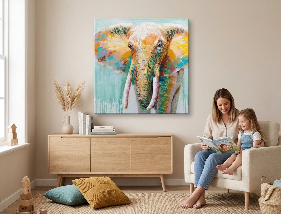 Quadro dipinto a mano da parete ELEFANTE 70x70 cm – quadro dipinto a mano in un elegante interno (Scandi neutral) | wall mockup | premium canvas | Papilora.sk