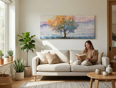 Quadro dipinto per parete ALBERO 120x50 cm – quadro dipinto a mano in un interno elegante (Golden hour luxe) | wall mockup | tela premium | Papilora.sk