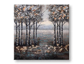 Quadro dipinto a mano su tela con motivo di bosco di betulle nei colori marrone-grigio – visualizzazione 3D della tela con telaio in legno visibile, Papilora.