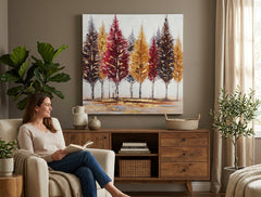 Quadro dipinto per parete ALBERI 70x70 cm – quadro dipinto a mano in un interno elegante (Golden hour luxe) | wall mockup | premium canvas | Papilora.sk