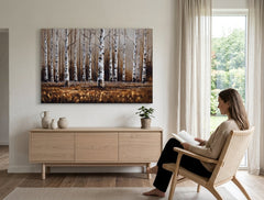 Quadro dipinto a mano con motivo di betulle in una foresta marrone con tronchi bianchi appeso in un interno moderno ed elegante sopra una consolle in legno con vaso e candela.