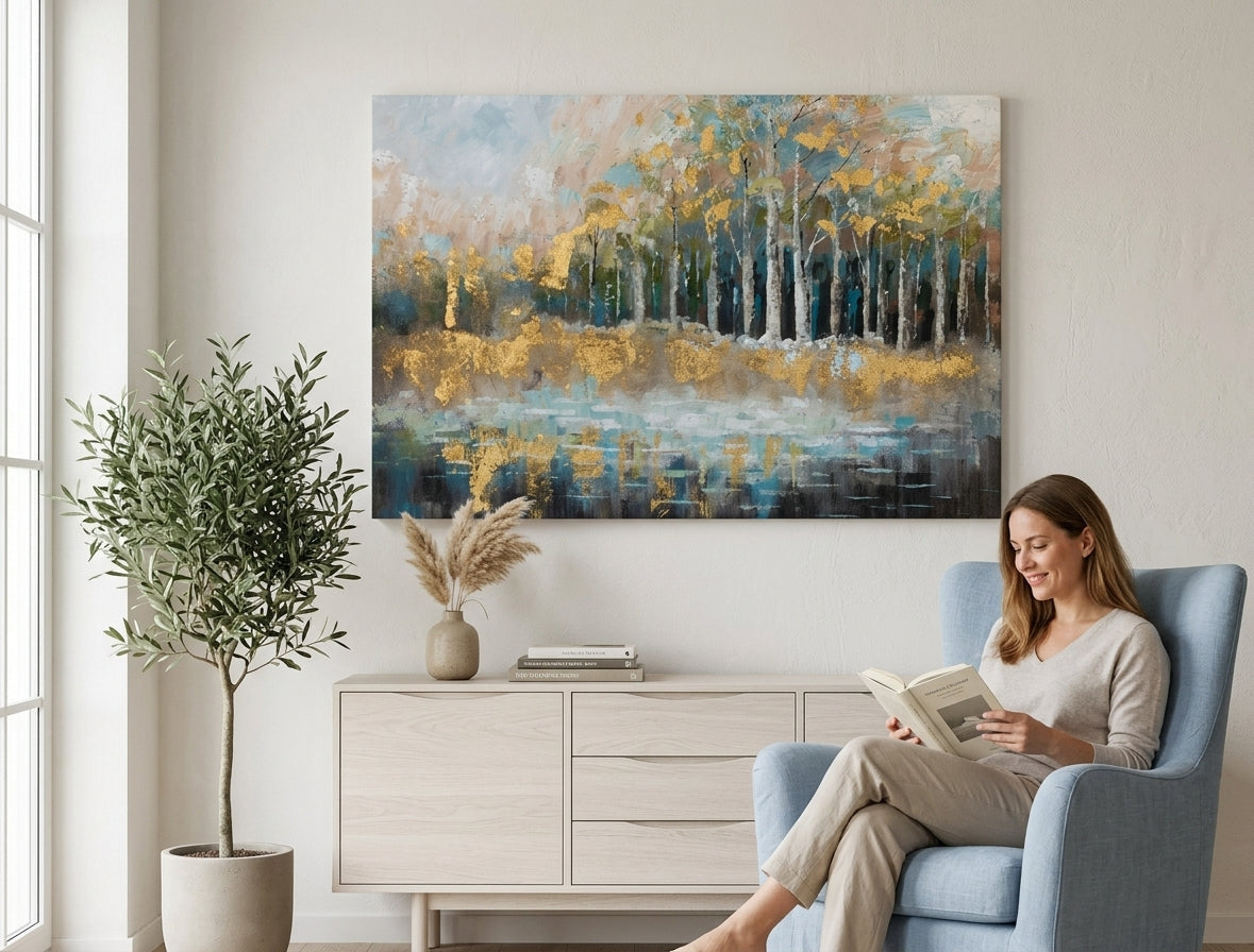 Quadro dipinto per parete ALBERI 90x60 cm – quadro dipinto a mano in un interno elegante (Modern coastal) | wall mockup | tela premium | Papilora.sk