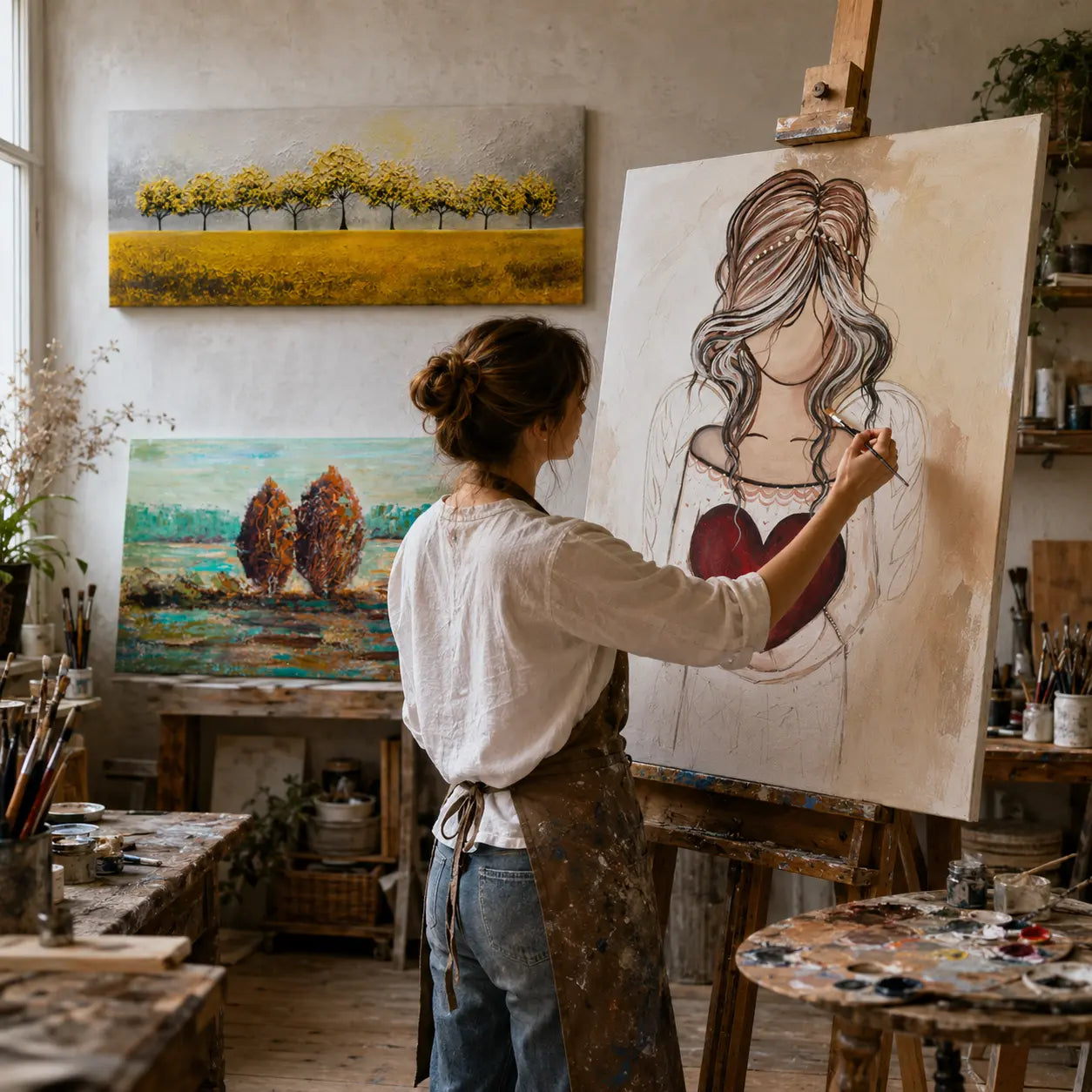 La pittrice Papilora dipinge a mano un quadro nel suo atelier in Slovacchia – quadri dipinti a mano su tela ARTMIE 340 g/m², CWF1584HE1