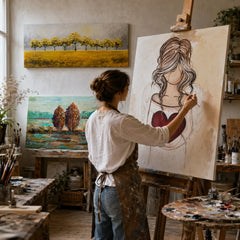 La pittrice Papilora dipinge a mano un quadro nel suo atelier in Slovacchia – quadri dipinti a mano su tela ARTMIE 340 g/m², CWF1584HE1
