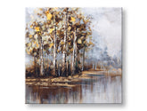 Quadro dipinto a mano su tela con motivo alberi al lago in tonalità marroni – visualizzazione 3D della tela con telaio in legno visibile, Papilora.
