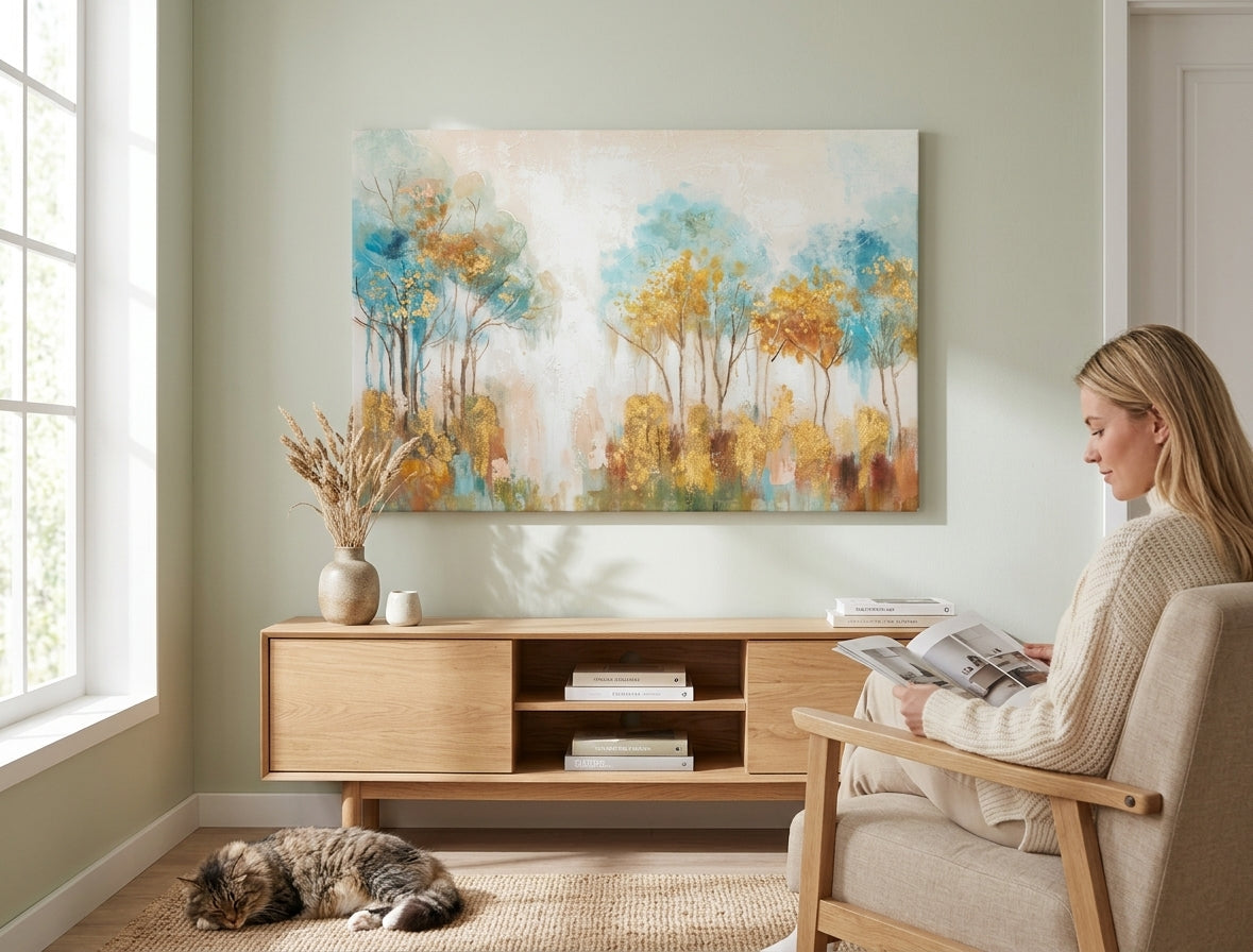 Quadro dipinto per parete ALBERI 90x60 cm – quadro dipinto a mano in un interno elegante (Mid-century warm) | wall mockup | tela premium | Papilora.sk
