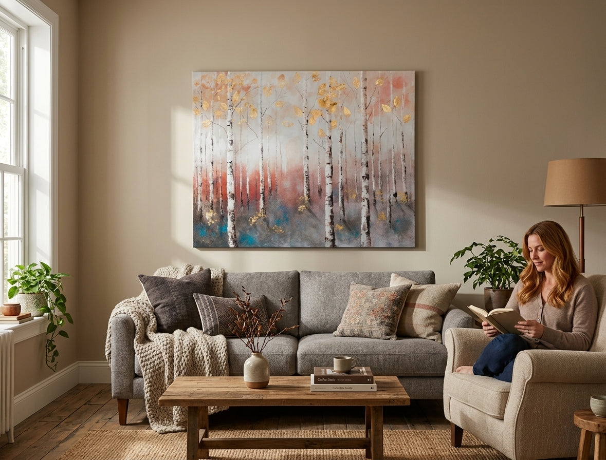 Quadro dipinto per parete ALBERI 100x80 cm – quadro dipinto a mano in un interno elegante (Bohemian warm) | wall mockup | tela premium | Papilora.sk