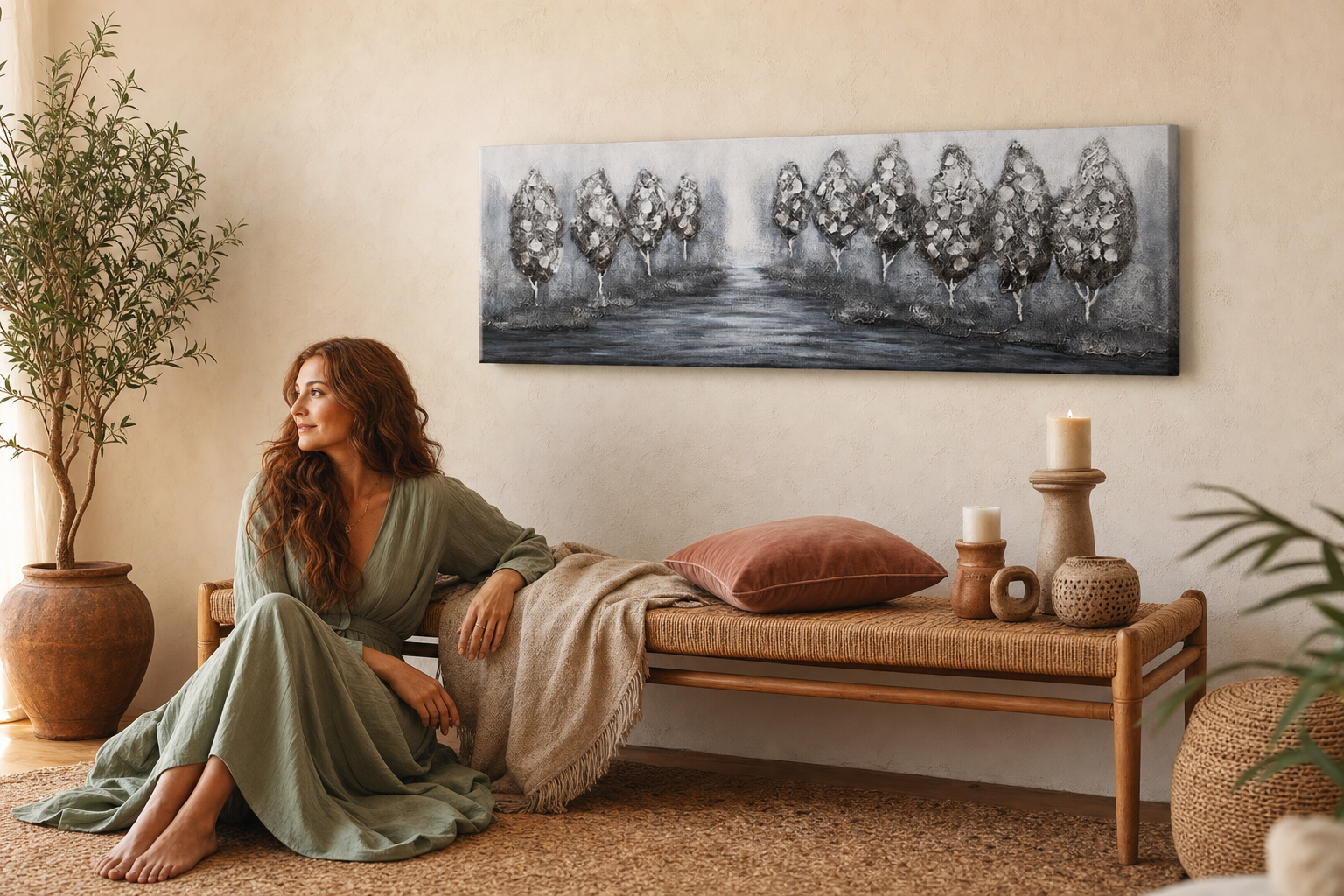 Quadro dipinto per parete ALBERI 150x50 cm – quadro dipinto a mano in un interno elegante (Bohemian warm) | wall mockup | tela premium | Papilora.sk