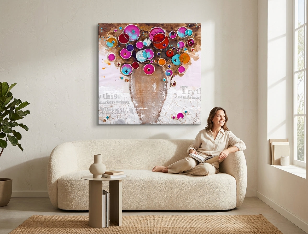 Quadro dipinto a mano con motivo di vaso astratto con cerchi colorati appeso in un interno moderno ed elegante sopra una consolle in legno con vaso e candela.