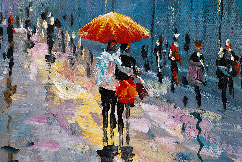 Dettaglio della pennellata sul quadro dipinto a mano con motivo di strada urbana nei colori blu-arancio – primo piano sugli strati di colore.
