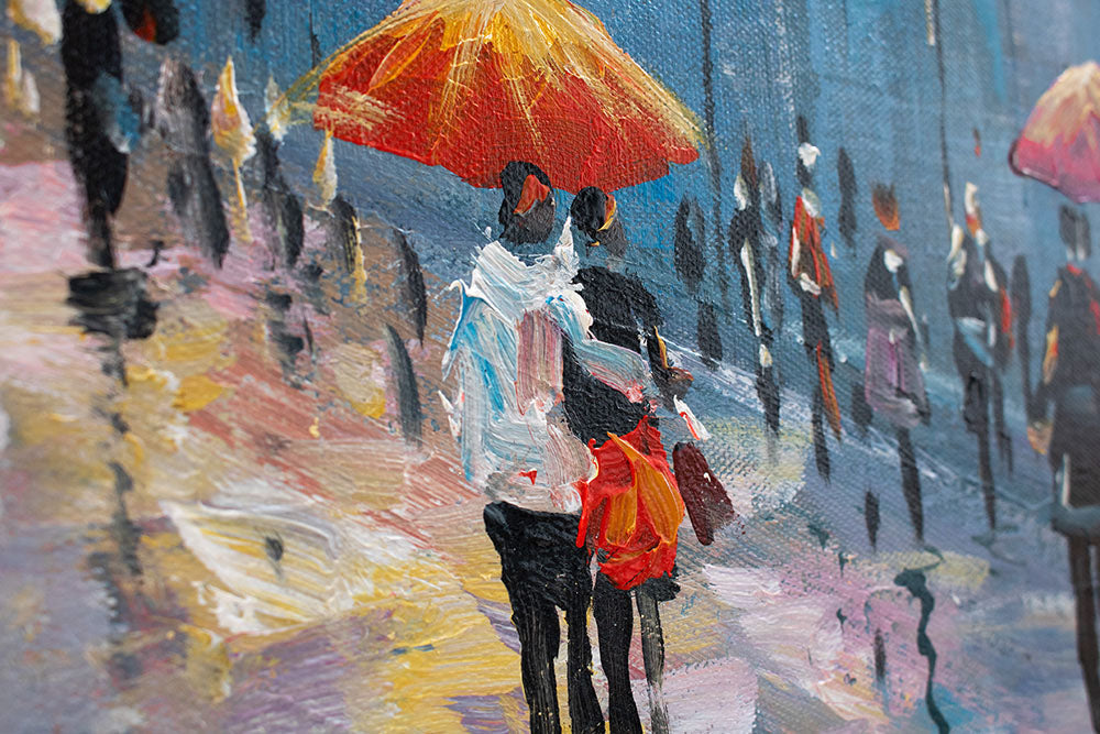 Dettaglio della superficie della tela ARTMIE 340 g/m² con motivo di strada urbana nei colori blu-arancio – texture in rilievo visibile della pittura a mano.