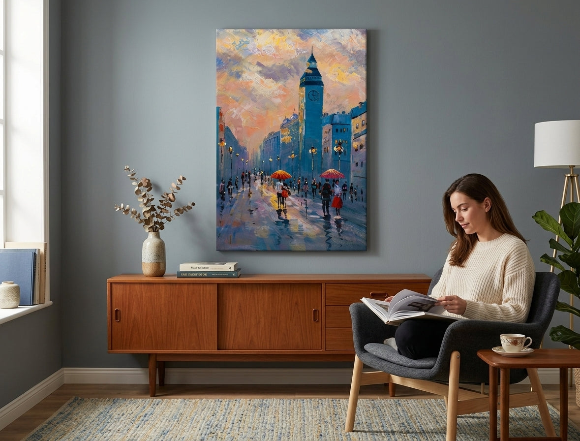Quadro dipinto a mano con motivo di strada urbana nei colori blu-arancio appeso in un interno moderno ed elegante sopra una consolle in legno con vaso e candela.