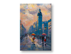 Quadro dipinto a mano su tela con motivo di strada urbana nei colori blu-arancio – visualizzazione 3D della tela con telaio in legno visibile, Papilora.