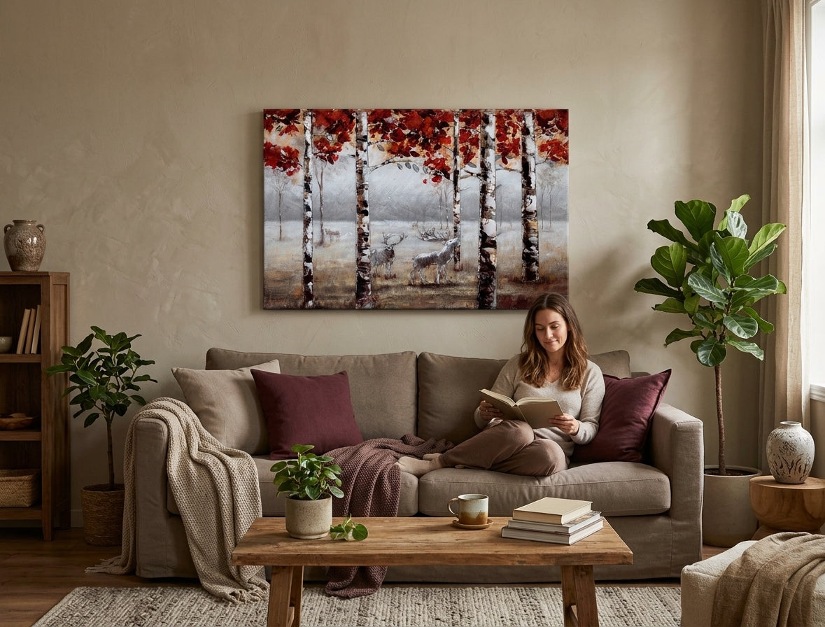 Quadro dipinto a mano con motivo bosco e animali nei toni rosso-marrone appeso in un moderno e stiloso interno sopra una consolle in legno con vaso e candela.