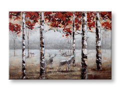Quadro dipinto a mano su tela con motivo bosco e animali nei toni rosso-marrone – visualizzazione 3D della tela con telaio in legno visibile, Papilora.