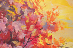 Dettaglio della pennellata sul quadro dipinto a mano con motivo torre Eiffel con cielo rosa-giallo – primo piano sugli strati di colore.