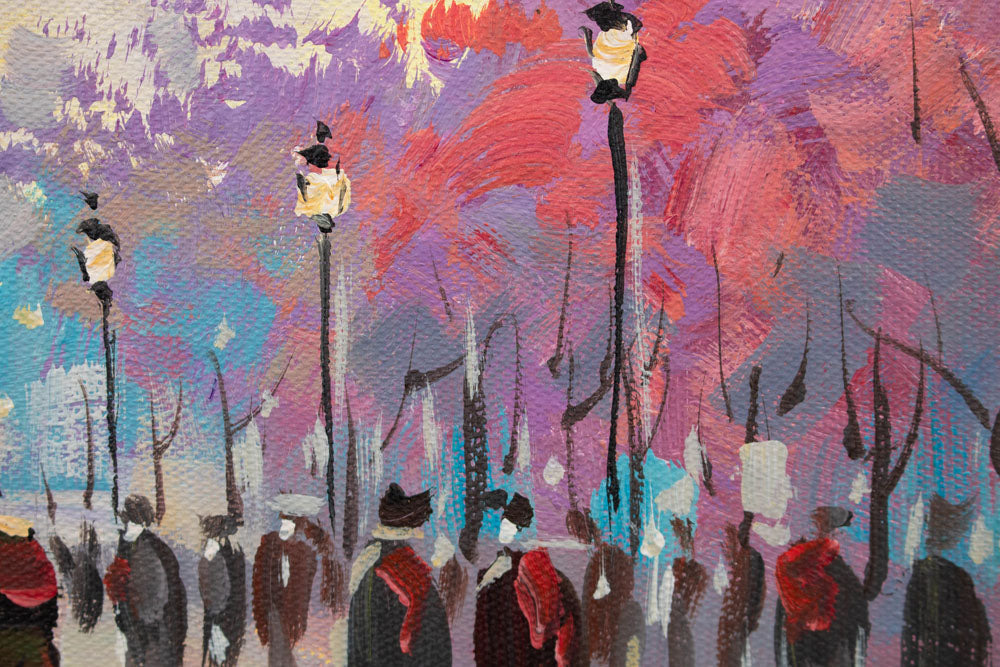 Dettaglio delle sfumature di colore sul quadro dipinto a mano con motivo torre Eiffel con cielo rosa-giallo – delicate pennellate acriliche.