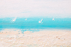 Dettaglio della superficie della tela ARTMIE 340 g/m² con motivo paesaggio astratto nei colori turchese-rosso – texture in rilievo visibile della pittura a mano.