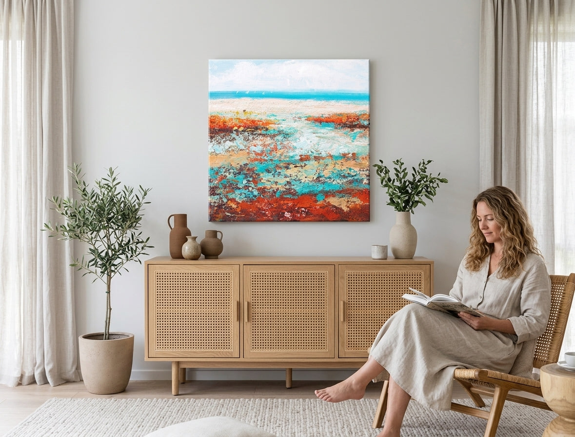 Quadro dipinto a mano con motivo paesaggio astratto nei colori turchese-rosso appeso in un moderno e stiloso interno sopra una consolle in legno con vaso e candela.