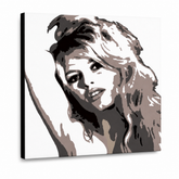 Quadro POP Art Brigitte Bardot dipinto a mano Bar 1 pezzo – Visualizzazione 3D del quadro dipinto a mano su sfondo bianco. Colori dominanti: nero, marrone, beige.