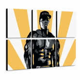 Quadro POP Art dipinto a mano 50 centesimi 6 pezzi 50 centesimi – Visualizzazione 3D del quadro dipinto a mano su sfondo bianco. Colori dominanti: giallo, nero, bianco, grigio.