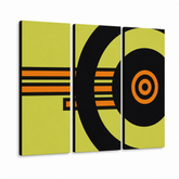 Quadro POP Art dipinto a mano ABSTRAKT 3 parti abstr1 – Visualizzazione 3D del quadro dipinto a mano su sfondo bianco. Colori dominanti: giallo, nero, arancione.