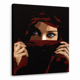 Quadro POP Art dipinto a mano Aicha 1 pezzo aicha – Visualizzazione 3D del quadro dipinto a mano su sfondo bianco. Colori dominanti: rosso, marrone, blu, beige, nero.