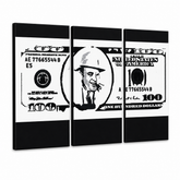 Quadro POP Art dipinto a mano AL CAPONE 3 pezzi ac – Visualizzazione 3D del quadro dipinto a mano su sfondo bianco. Colori dominanti: nero, bianco, grigio.