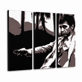 Quadro POP Art dipinto a mano AL PACINO 3 pezzi al24 – Visualizzazione 3D del quadro dipinto a mano su sfondo bianco. Colori dominanti: nero, marrone, bianco, grigio.